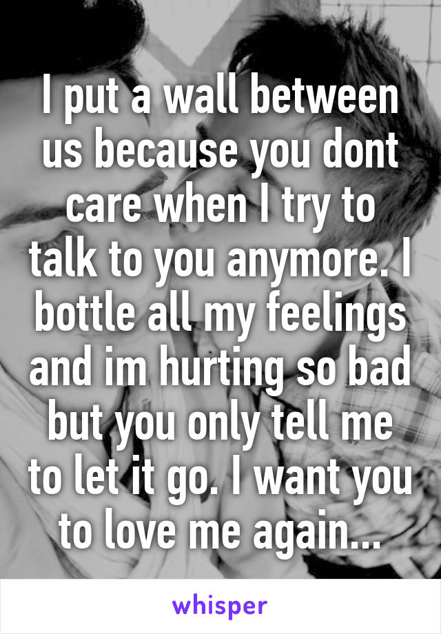 I put a wall between us because you dont care when I try to talk to you anymore. I bottle all my feelings and im hurting so bad but you only tell me to let it go. I want you to love me again...