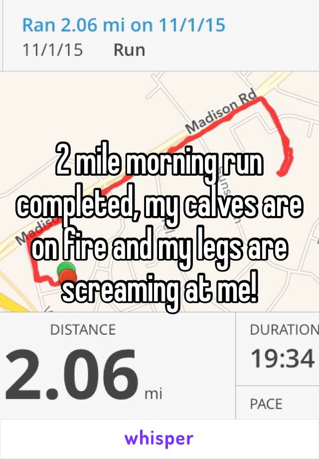 2 mile morning run completed, my calves are on fire and my legs are screaming at me!