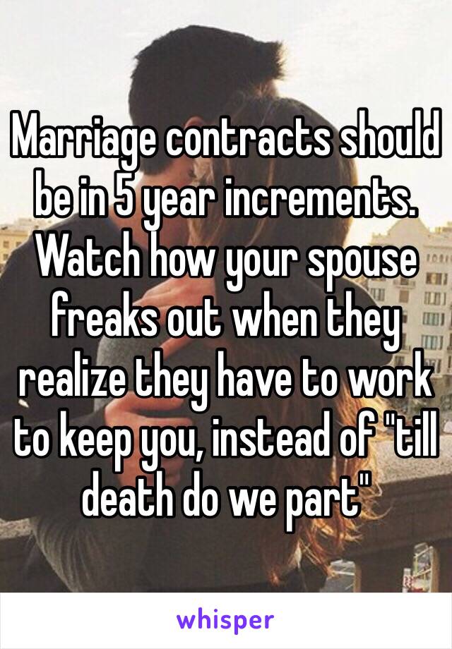 Marriage contracts should be in 5 year increments.  Watch how your spouse freaks out when they realize they have to work to keep you, instead of "till death do we part"