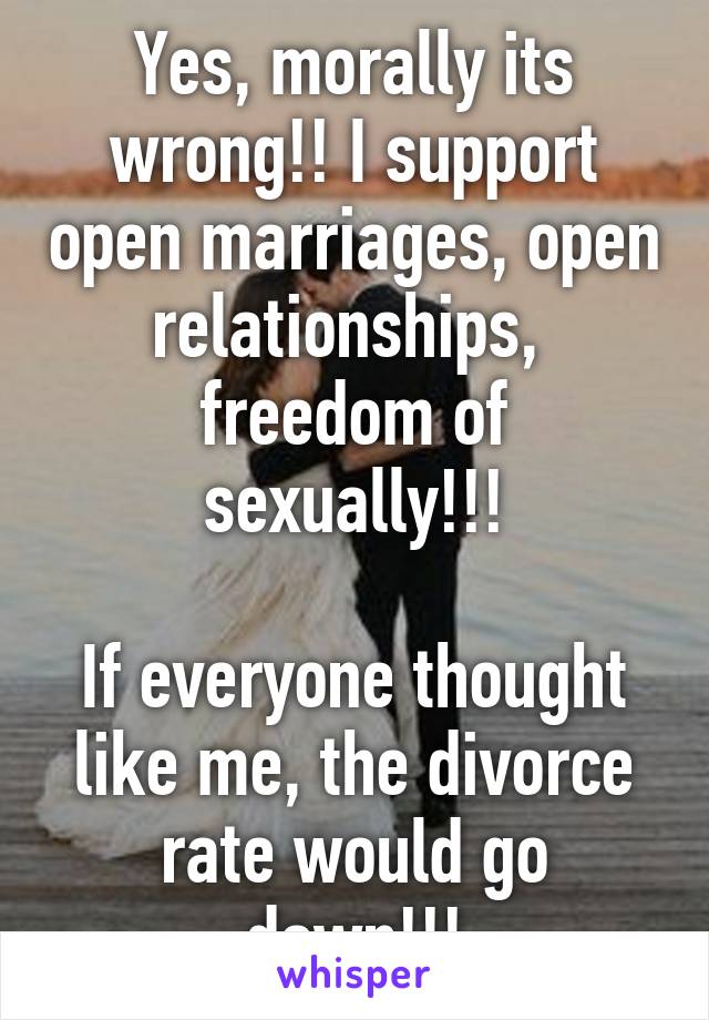 Yes, morally its wrong!! I support open marriages, open relationships,  freedom of sexually!!!

If everyone thought like me, the divorce rate would go down!!!