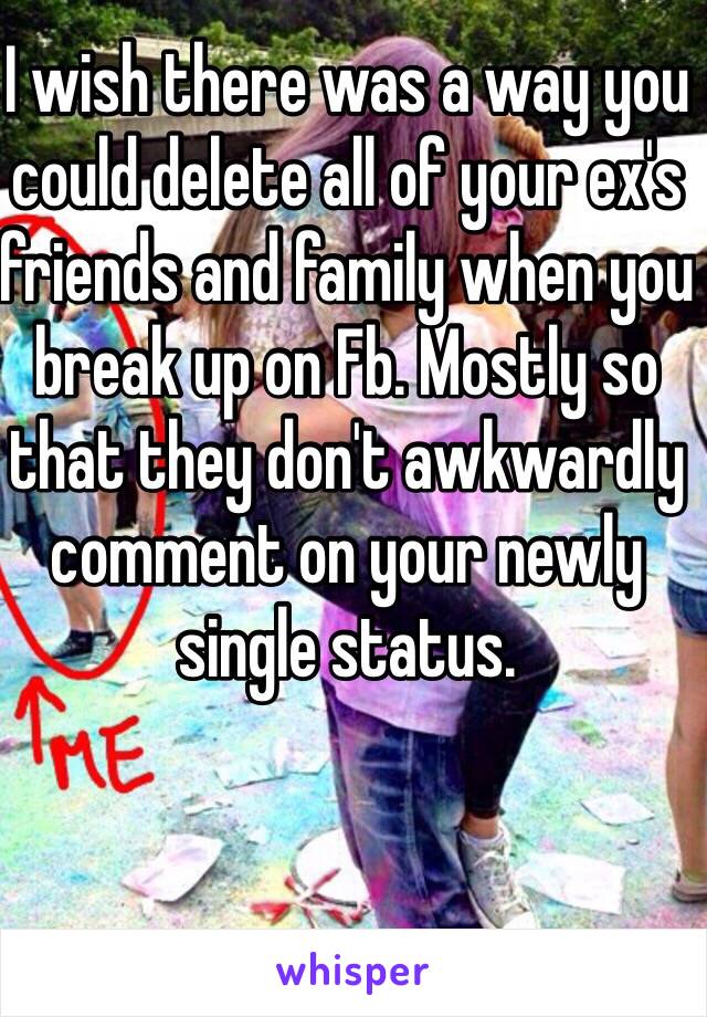 I wish there was a way you could delete all of your ex's friends and family when you break up on Fb. Mostly so that they don't awkwardly comment on your newly single status. 