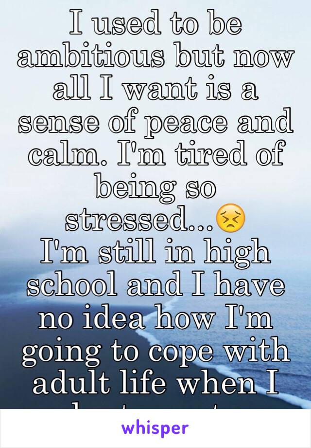 I used to be ambitious but now all I want is a sense of peace and calm. I'm tired of being so stressed...😣
I'm still in high school and I have no idea how I'm going to cope with adult life when I graduate next year