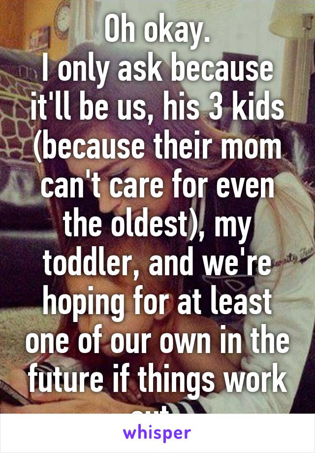 Oh okay.
I only ask because it'll be us, his 3 kids (because their mom can't care for even the oldest), my toddler, and we're hoping for at least one of our own in the future if things work out. 