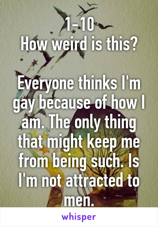 1-10
How weird is this?

Everyone thinks I'm gay because of how I am. The only thing that might keep me from being such. Is I'm not attracted to men.