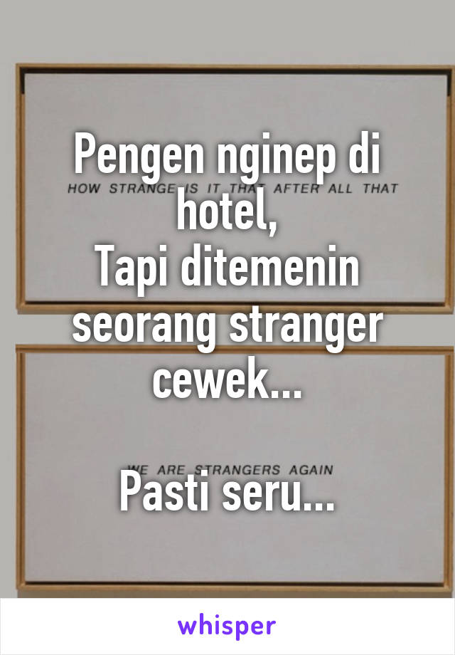 Pengen nginep di hotel,
Tapi ditemenin seorang stranger cewek...

Pasti seru...