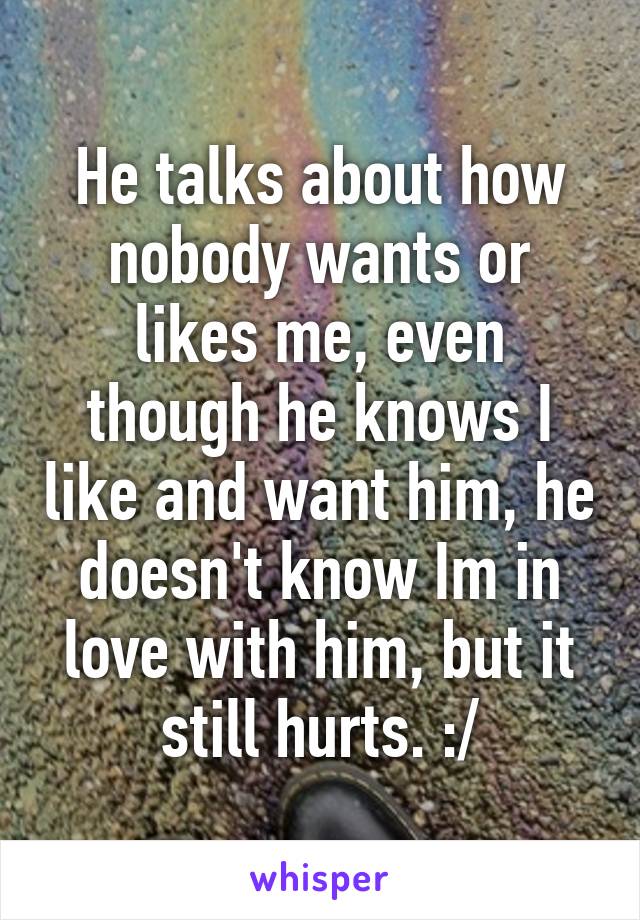 He talks about how nobody wants or likes me, even though he knows I like and want him, he doesn't know Im in love with him, but it still hurts. :/