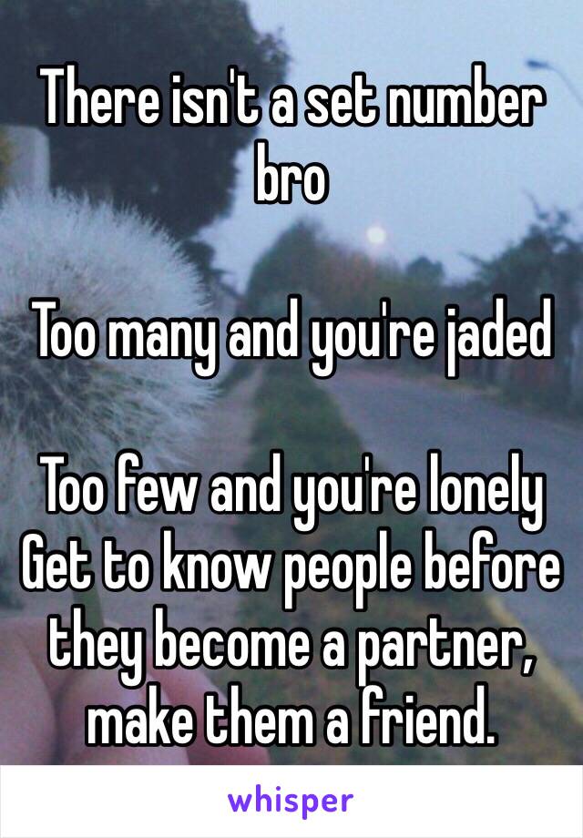 There isn't a set number bro

Too many and you're jaded

Too few and you're lonely 
Get to know people before they become a partner, make them a friend. 