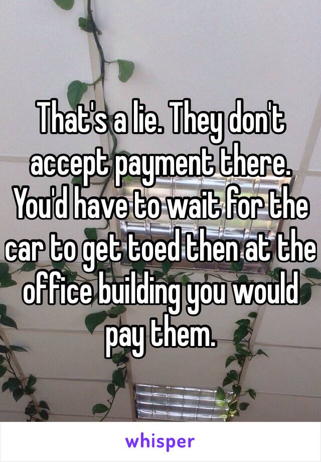 That's a lie. They don't accept payment there. You'd have to wait for the car to get toed then at the office building you would pay them. 