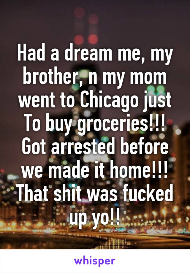 Had a dream me, my brother, n my mom went to Chicago just To buy groceries!!! Got arrested before we made it home!!! That shit was fucked up yo!!