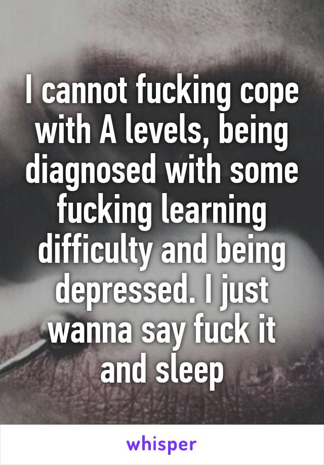 I cannot fucking cope with A levels, being diagnosed with some fucking learning difficulty and being depressed. I just wanna say fuck it and sleep