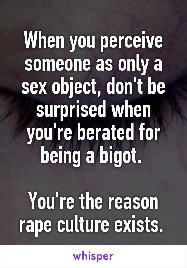 When you perceive someone as only a sex object, don't be surprised when you're berated for being a bigot. 

You're the reason rape culture exists. 