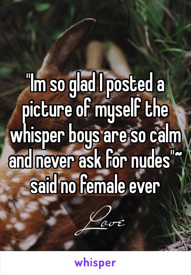 "Im so glad I posted a picture of myself the whisper boys are so calm and never ask for nudes"~ said no female ever 