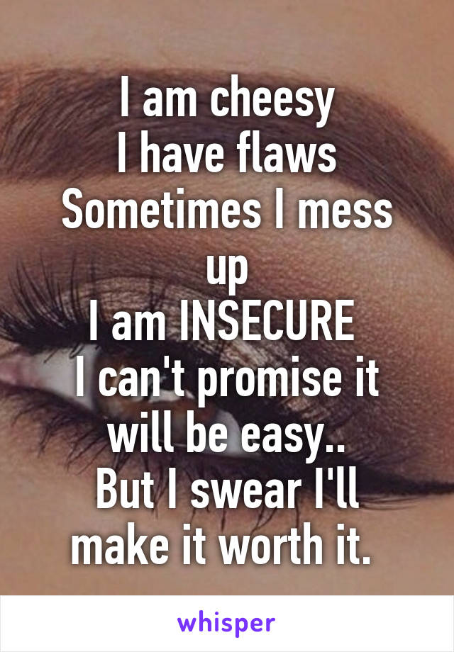 I am cheesy
I have flaws
Sometimes I mess up
I am INSECURE 
I can't promise it will be easy..
But I swear I'll make it worth it. 