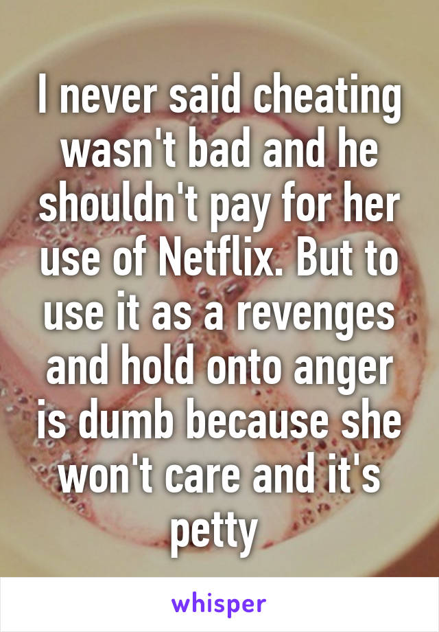 I never said cheating wasn't bad and he shouldn't pay for her use of Netflix. But to use it as a revenges and hold onto anger is dumb because she won't care and it's petty 