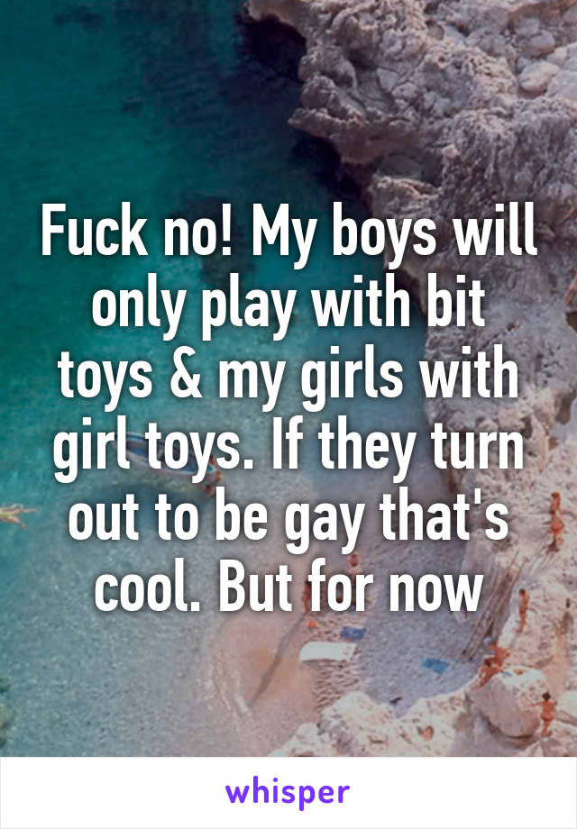 Fuck no! My boys will only play with bit toys & my girls with girl toys. If they turn out to be gay that's cool. But for now