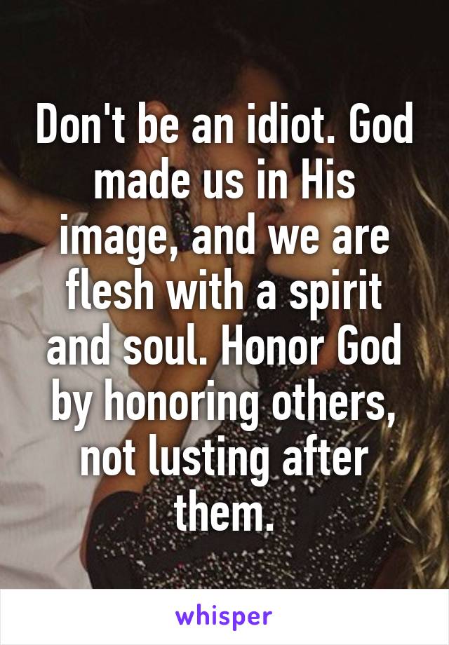 Don't be an idiot. God made us in His image, and we are flesh with a spirit and soul. Honor God by honoring others, not lusting after them.