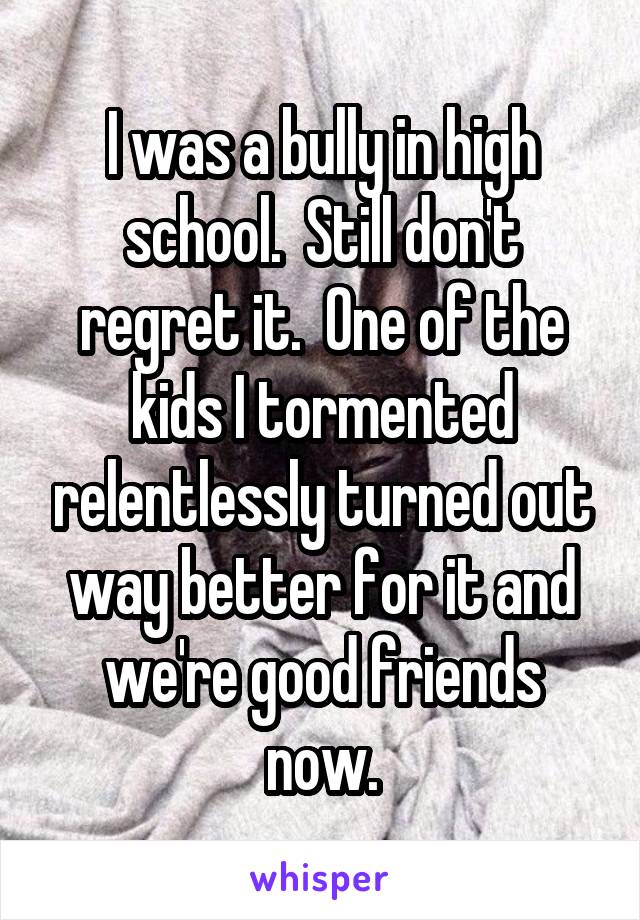 I was a bully in high school.  Still don't regret it.  One of the kids I tormented relentlessly turned out way better for it and we're good friends now.