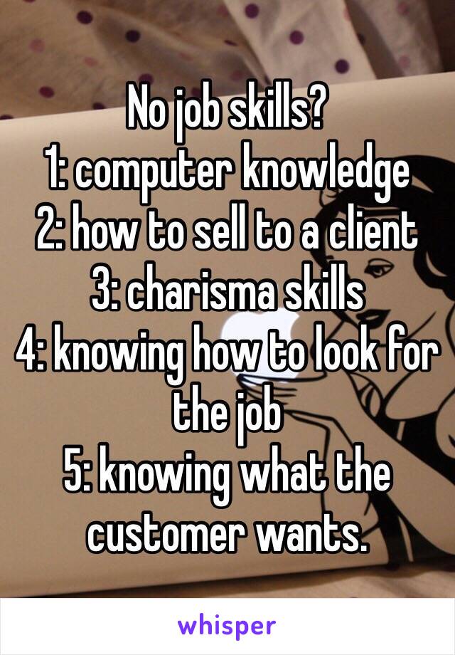 No job skills?
1: computer knowledge 
2: how to sell to a client
3: charisma skills
4: knowing how to look for the job
5: knowing what the customer wants. 