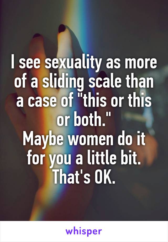 I see sexuality as more of a sliding scale than a case of "this or this or both."
Maybe women do it for you a little bit. That's OK.