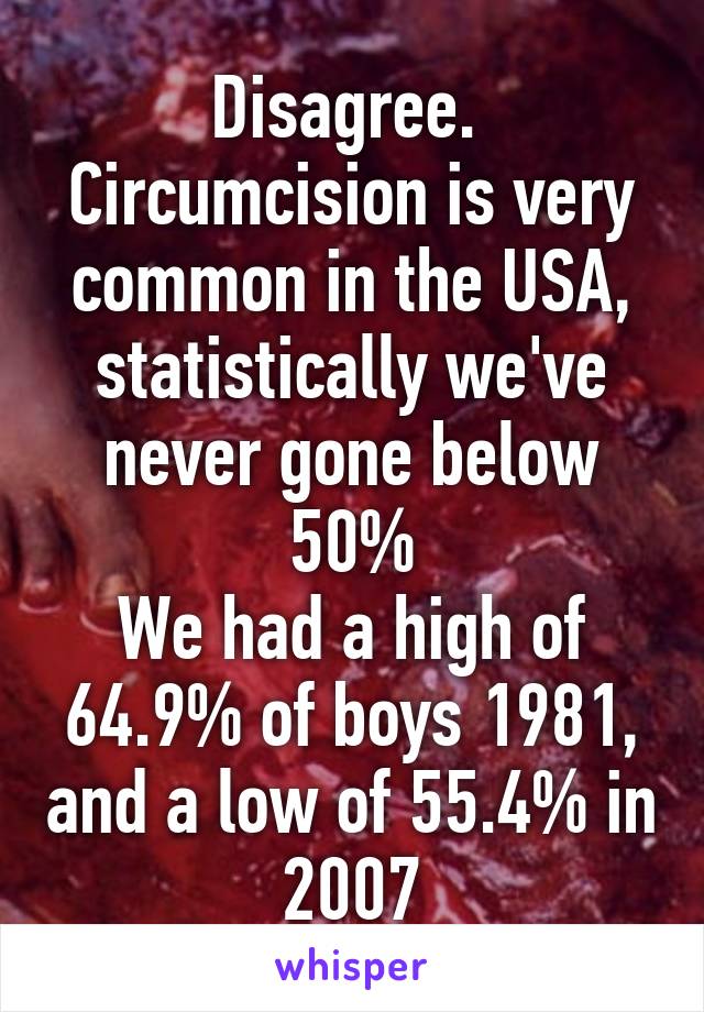 Disagree. 
Circumcision is very common in the USA, statistically we've never gone below 50%
We had a high of 64.9% of boys 1981, and a low of 55.4% in 2007