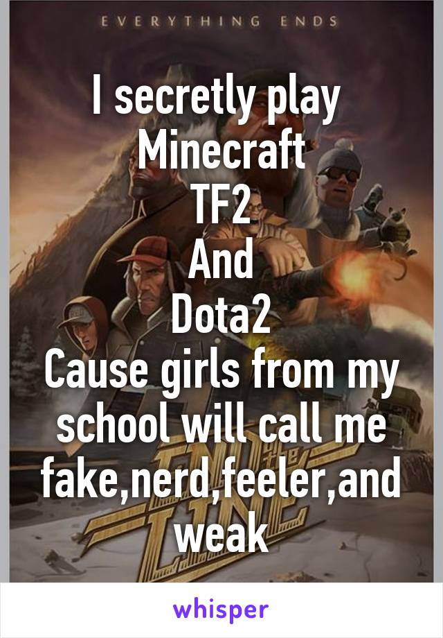 I secretly play 
Minecraft
TF2
And
Dota2
Cause girls from my school will call me fake,nerd,feeler,and weak