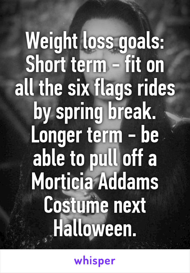 Weight loss goals:
Short term - fit on all the six flags rides by spring break.
Longer term - be able to pull off a Morticia Addams Costume next Halloween.