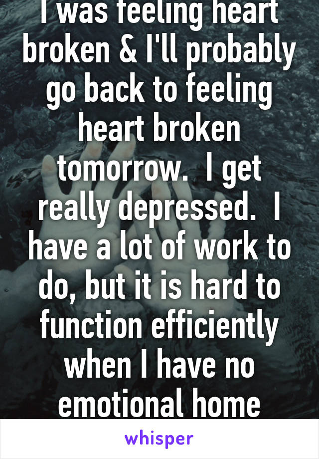 I was feeling heart broken & I'll probably go back to feeling heart broken tomorrow.  I get really depressed.  I have a lot of work to do, but it is hard to function efficiently when I have no emotional home base.