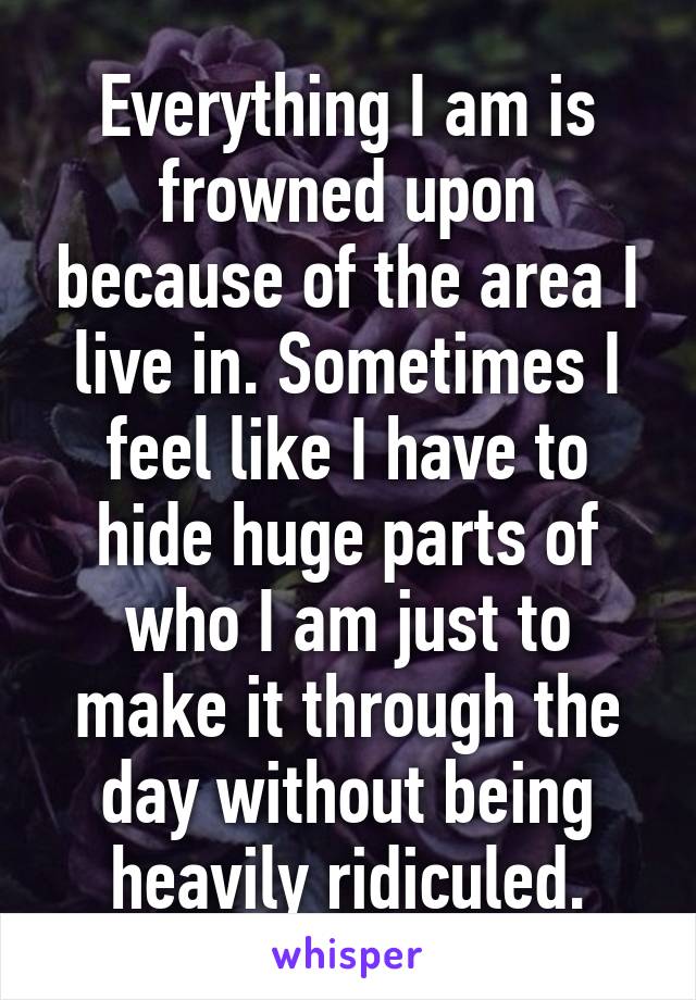 Everything I am is frowned upon because of the area I live in. Sometimes I feel like I have to hide huge parts of who I am just to make it through the day without being heavily ridiculed.