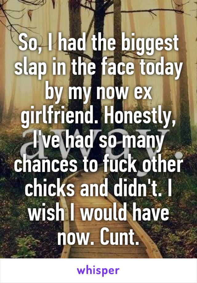 So, I had the biggest slap in the face today by my now ex girlfriend. Honestly, I've had so many chances to fuck other chicks and didn't. I wish I would have now. Cunt.