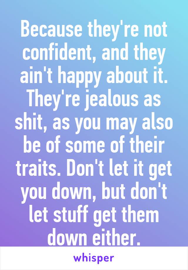 Because they're not confident, and they ain't happy about it. They're jealous as shit, as you may also be of some of their traits. Don't let it get you down, but don't let stuff get them down either.