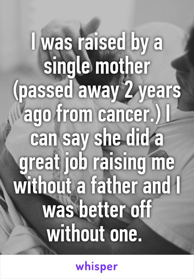 I was raised by a single mother (passed away 2 years ago from cancer.) I can say she did a great job raising me without a father and I was better off without one. 