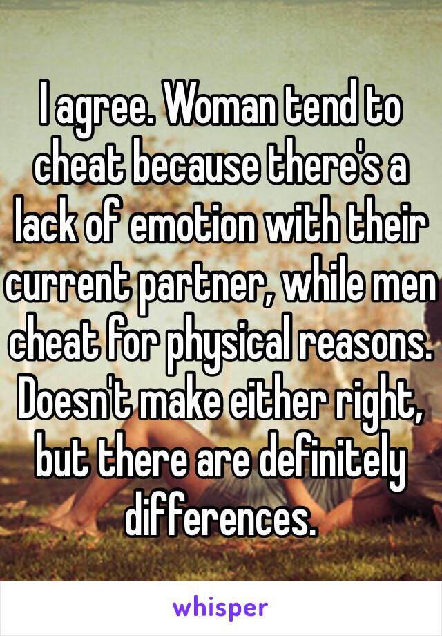 I agree. Woman tend to cheat because there's a lack of emotion with their current partner, while men cheat for physical reasons. Doesn't make either right, but there are definitely differences.