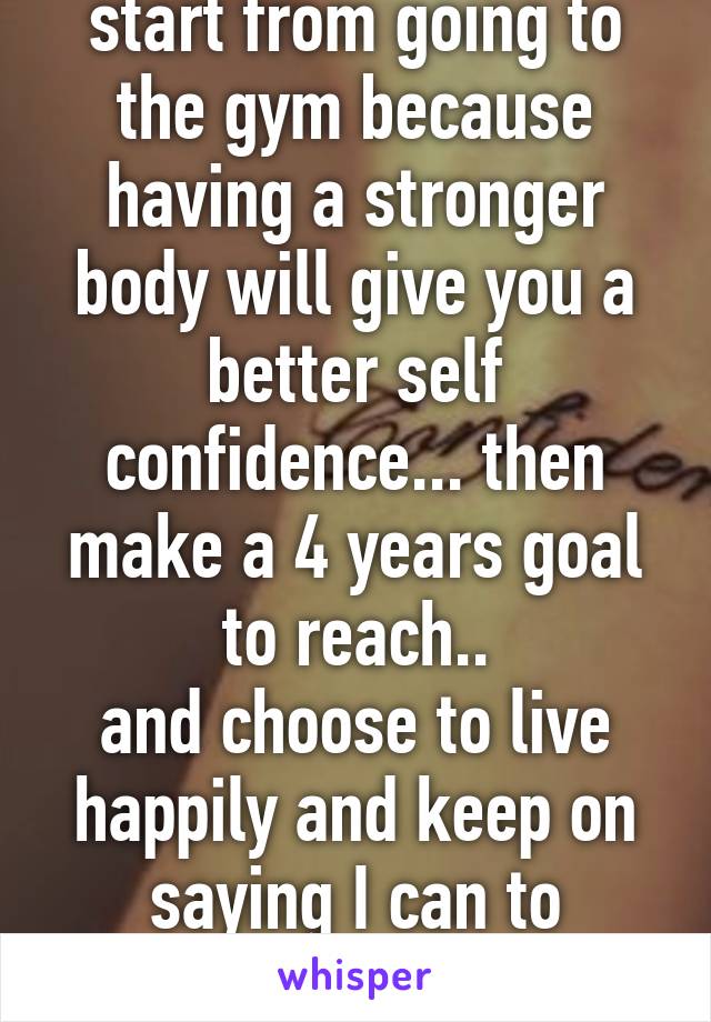 start from going to the gym because having a stronger body will give you a better self confidence... then make a 4 years goal to reach..
and choose to live happily and keep on saying I can to yourself