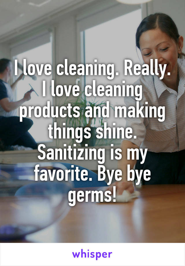 I love cleaning. Really. I love cleaning products and making things shine. Sanitizing is my favorite. Bye bye germs!