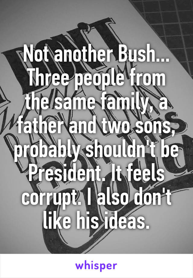 Not another Bush...
Three people from the same family, a father and two sons, probably shouldn't be President. It feels corrupt. I also don't like his ideas.