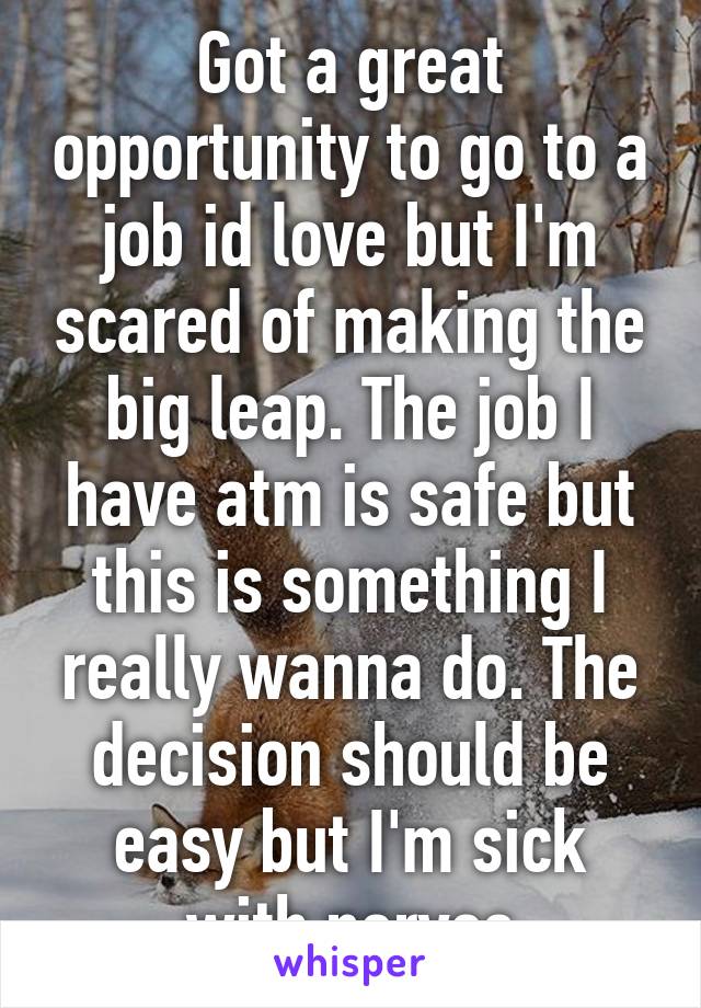 Got a great opportunity to go to a job id love but I'm scared of making the big leap. The job I have atm is safe but this is something I really wanna do. The decision should be easy but I'm sick with nerves