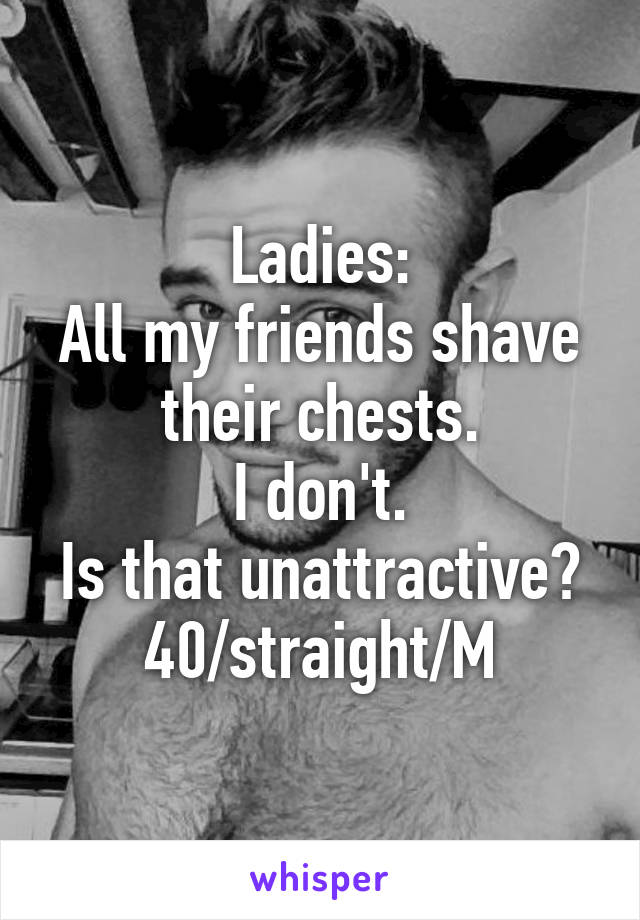 Ladies:
All my friends shave their chests.
I don't.
Is that unattractive?
40/straight/M