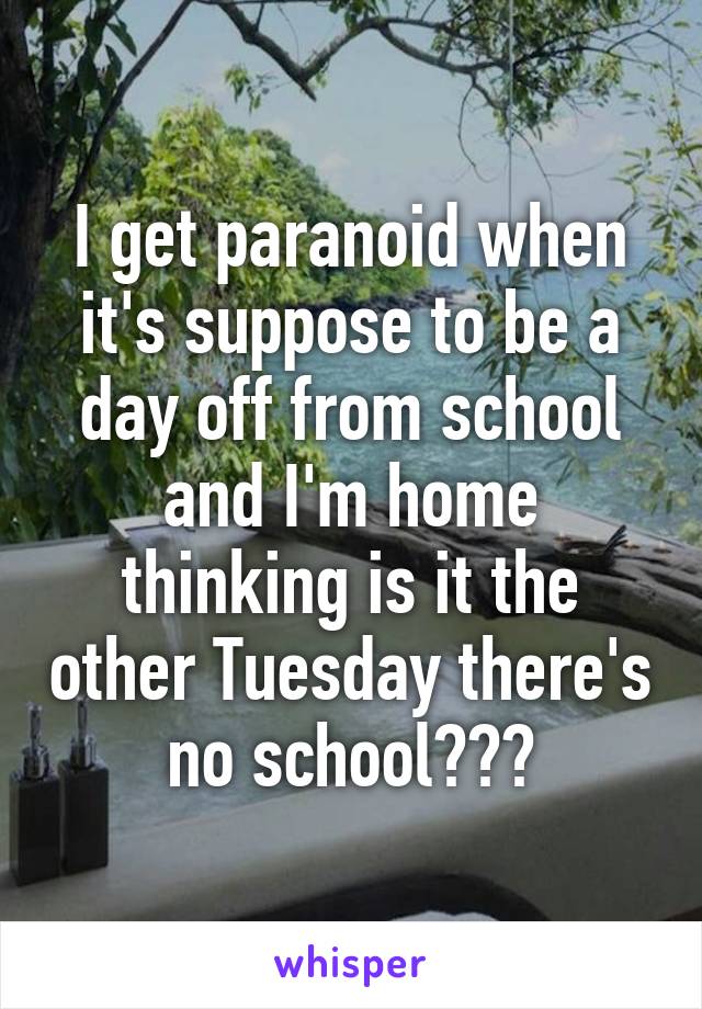 I get paranoid when it's suppose to be a day off from school and I'm home thinking is it the other Tuesday there's no school???