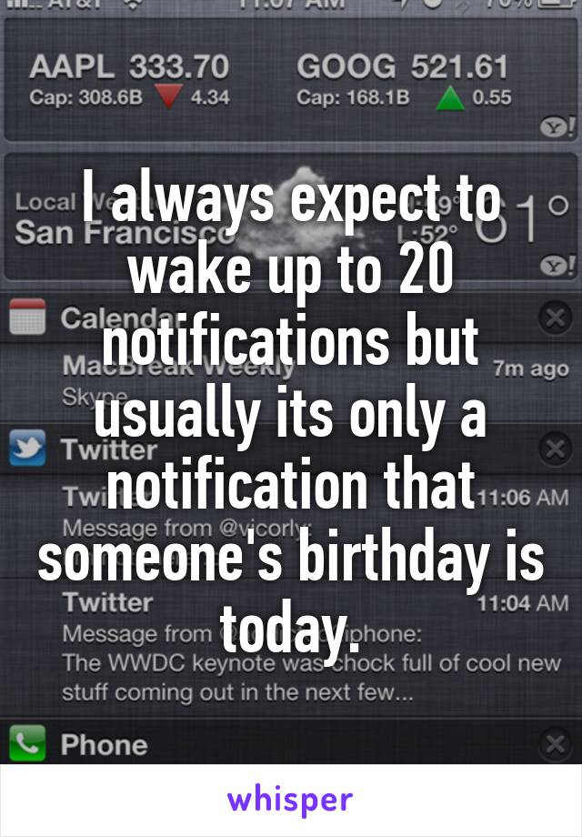 I always expect to wake up to 20 notifications but usually its only a notification that someone's birthday is today.