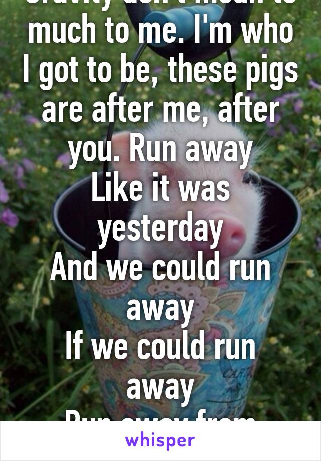 Gravity don't mean to much to me. I'm who I got to be, these pigs are after me, after you. Run away
Like it was yesterday
And we could run away
If we could run away
Run away from here!