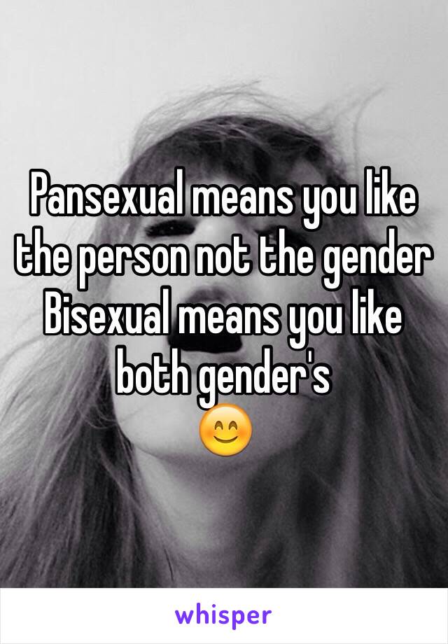 Pansexual means you like the person not the gender
Bisexual means you like both gender's
😊