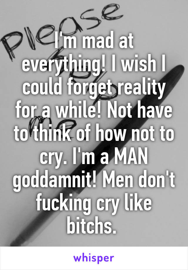 I'm mad at everything! I wish I could forget reality for a while! Not have to think of how not to cry. I'm a MAN goddamnit! Men don't fucking cry like bitchs. 