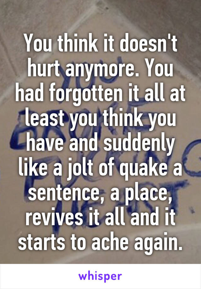 You think it doesn't hurt anymore. You had forgotten it all at least you think you have and suddenly like a jolt of quake a sentence, a place, revives it all and it starts to ache again.