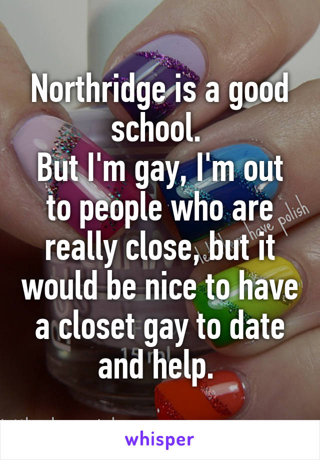 Northridge is a good school. 
But I'm gay, I'm out to people who are really close, but it would be nice to have a closet gay to date and help. 