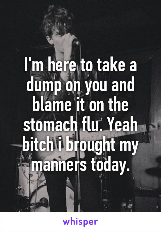 I'm here to take a dump on you and blame it on the stomach flu. Yeah bitch i brought my manners today.