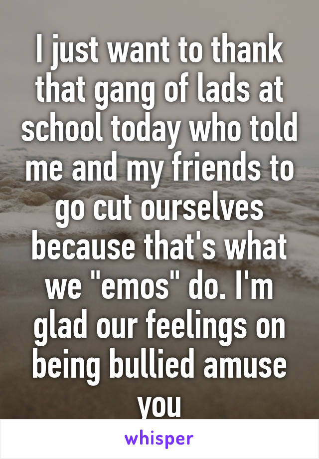 I just want to thank that gang of lads at school today who told me and my friends to go cut ourselves because that's what we "emos" do. I'm glad our feelings on being bullied amuse you