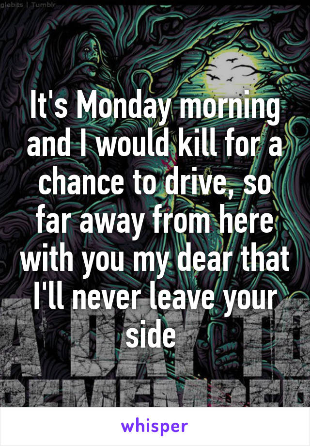 It's Monday morning and I would kill for a chance to drive, so far away from here with you my dear that I'll never leave your side 