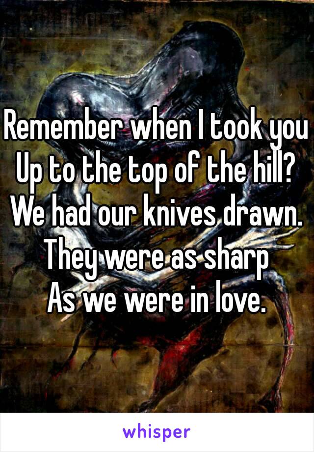 Remember when I took you
Up to the top of the hill?
We had our knives drawn.
They were as sharp
As we were in love.