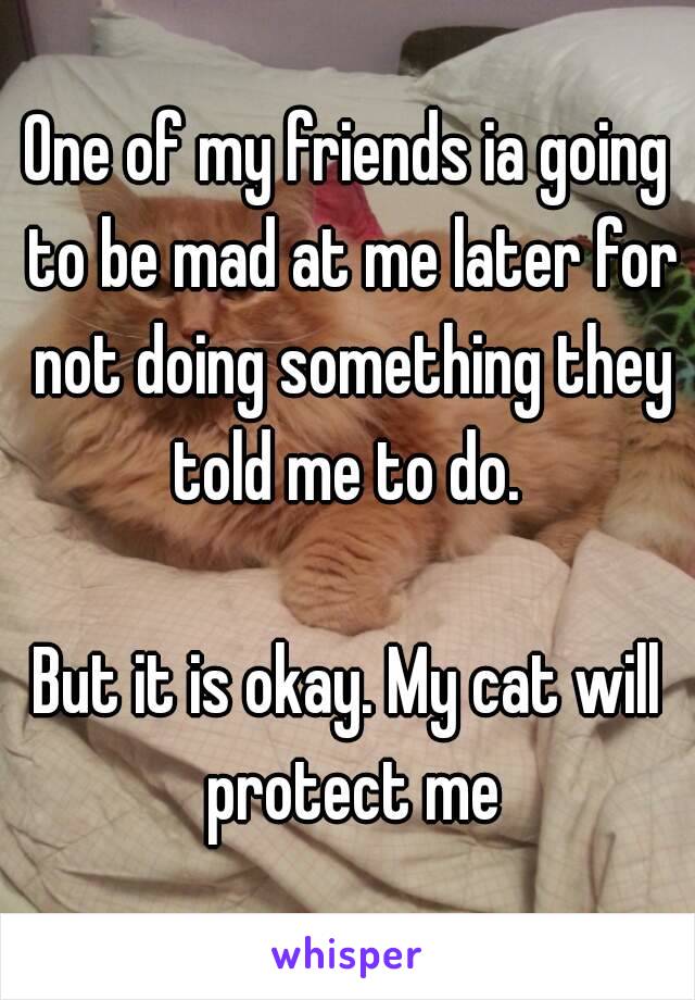 One of my friends ia going to be mad at me later for not doing something they told me to do. 

But it is okay. My cat will protect me