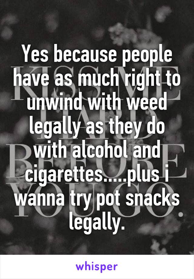 Yes because people have as much right to unwind with weed legally as they do with alcohol and cigarettes.....plus i wanna try pot snacks legally.